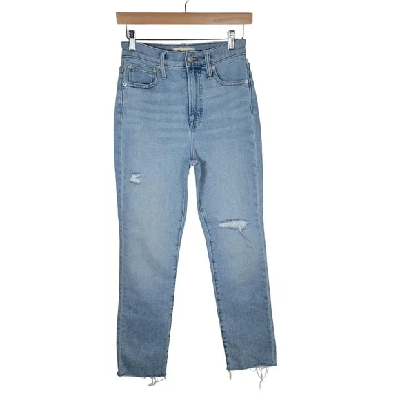 Madewell Perfect Vintage Jeans High Rise Raw Hem Light Wash Size 24 Straight Leg - Picture 2 of 11